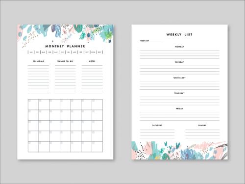 Weekly and Monthly Planner Layout with Illustrative Elements - 291384610