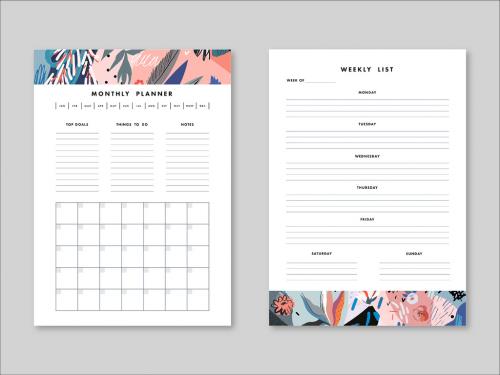 Weekly and Monthly Planner Layout with Illustrative Elements - 291384631