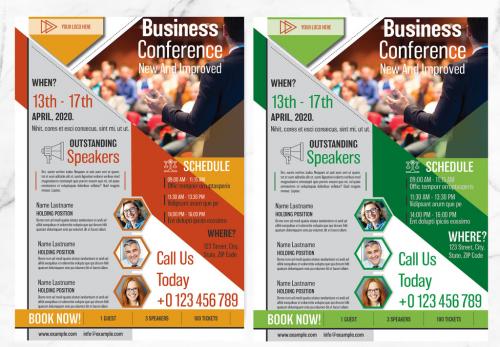 Business Conference Flyer with Orange and Green Accents - 291818716