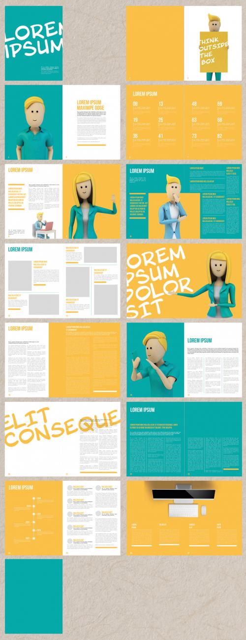 Teal and Yellow Magazine Layout with Character Illustrations - 292956746