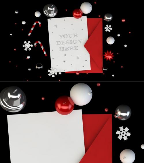 Christmas Card with Envelope on Black Background Mockup - 292967886