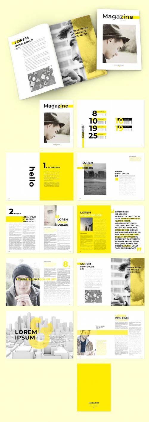 Magazine Layout with Yellow Overlay Elements and Text - 292994735