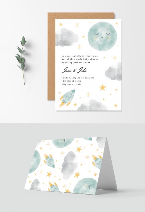 Baby Shower Invitation Layout with Moon and Rocket Ship Illustrations - 293166507