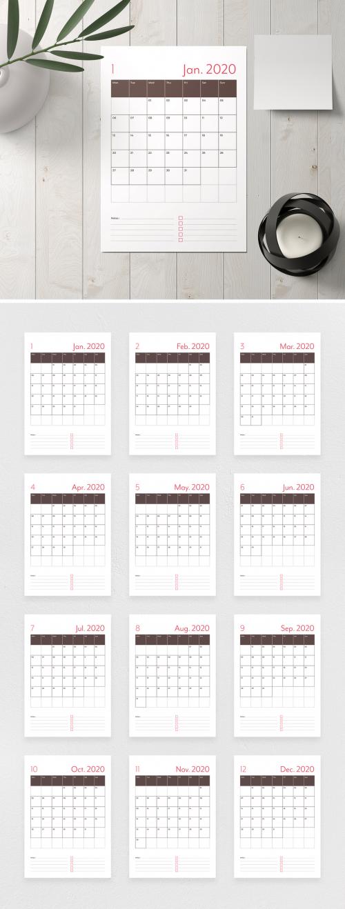 Calendar Planner Layout with Dark Brown and Red Accents - 293432260