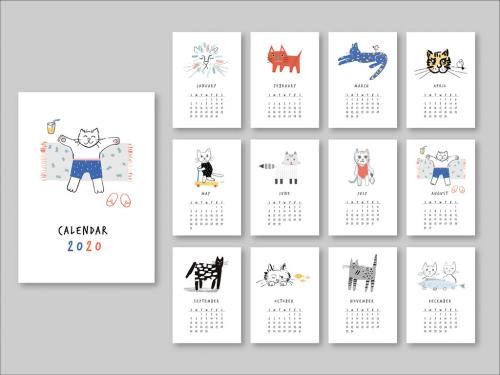 Annual Calendar Layout with Illustrated Cats - 293679932