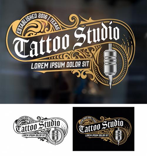 Vintage Tattoo Logo Layout with Gold Elements - 293890861