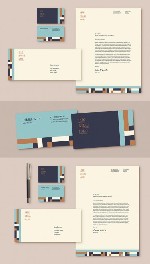 Stationery Set Layout with Blue and Tan Elements - 294652509