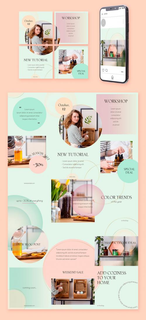 Social Media Post Layout Set with Mint And Pink Gradients - 294673543