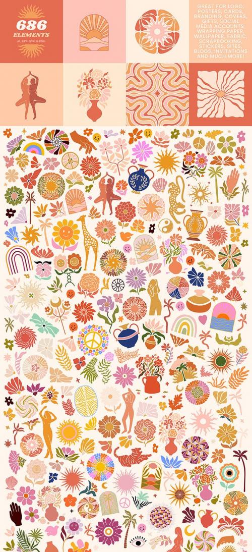 Groovy Boho Posters Patterns Flower 70s