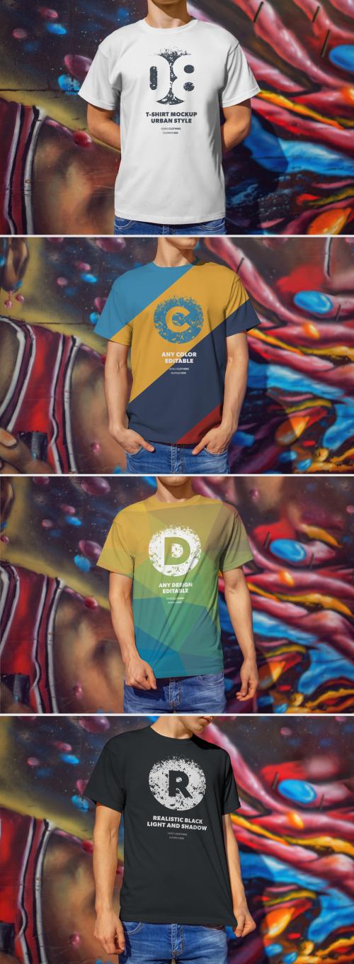 4 T-Shirt Mockups with Street Art Backgrounds - 295954081