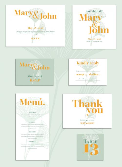 Wedding Set Layout with Gingko Leaves Illustration - 296074854