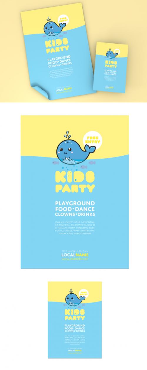 Children's Party Poster Layout with Illustrated Whale - 296074887