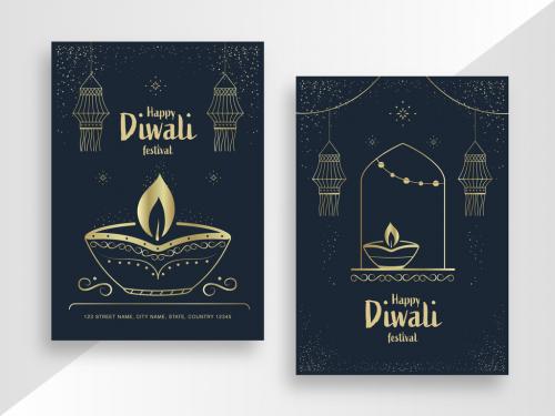 Diwali Festival Poster Layout Set with Gold Elements - 297416302