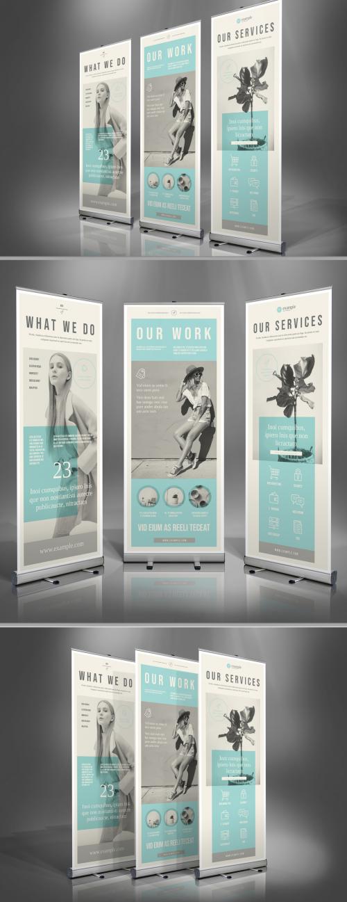 Beige Roll Up Banner Layout with Cyan Elements - 297902730