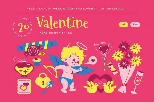 Pink Flat Design Valentine Day Illustration Set