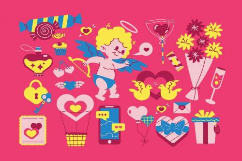 Pink Flat Design Valentine Day Illustration Set