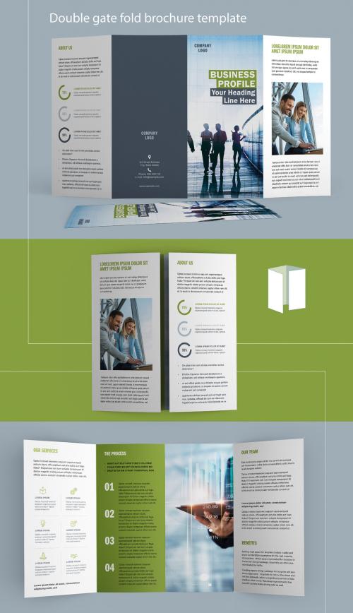 Four Fold Brochure Layout with Green and Blue Accents - 298956500