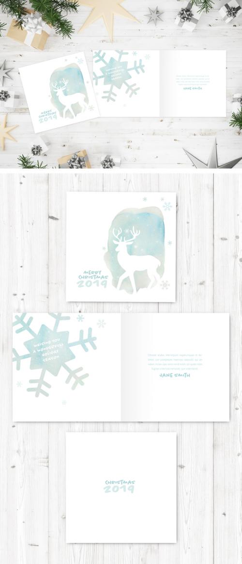 Watercolor Style Christmas Card Layout with Reindeer - 299133665