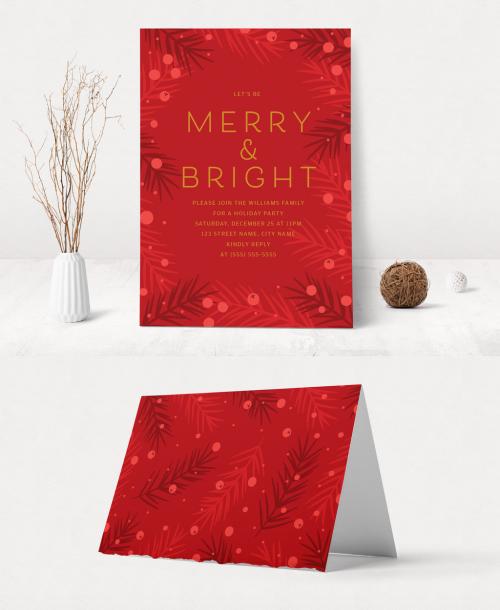 Red Holiday Card Layout with Leaves and Berries - 299364087