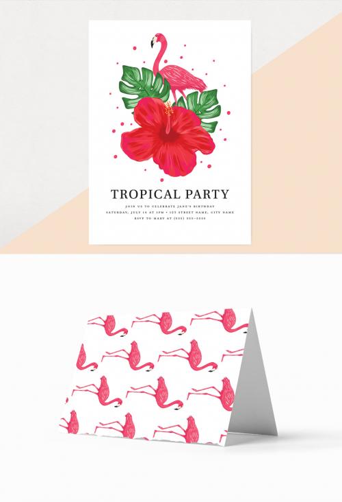 Tropical Party Invitation Layout with Flamingo and Flower - 299364231