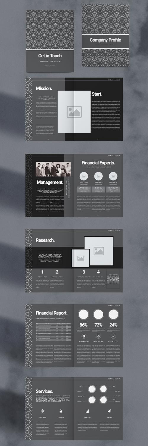 Dark Company Profile Layout with Concentric Circle Pattern Elements - 299786500