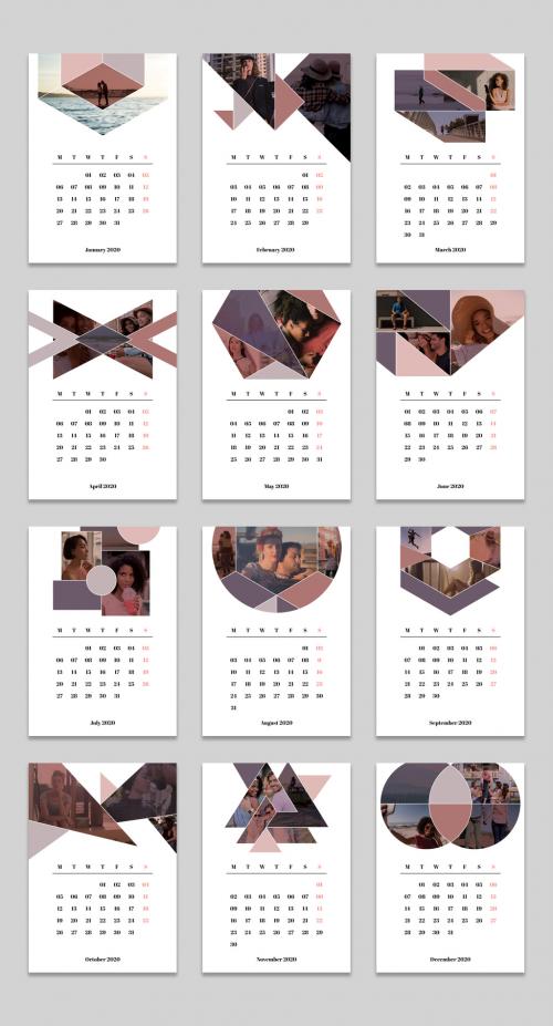 Calendar Layout with Geometric Photo Collage Elements - 299814279