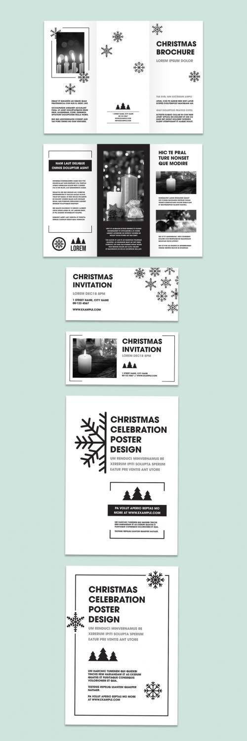 Black and White Trifold Brochure Layout with Snowflake Illustrations - 299819630