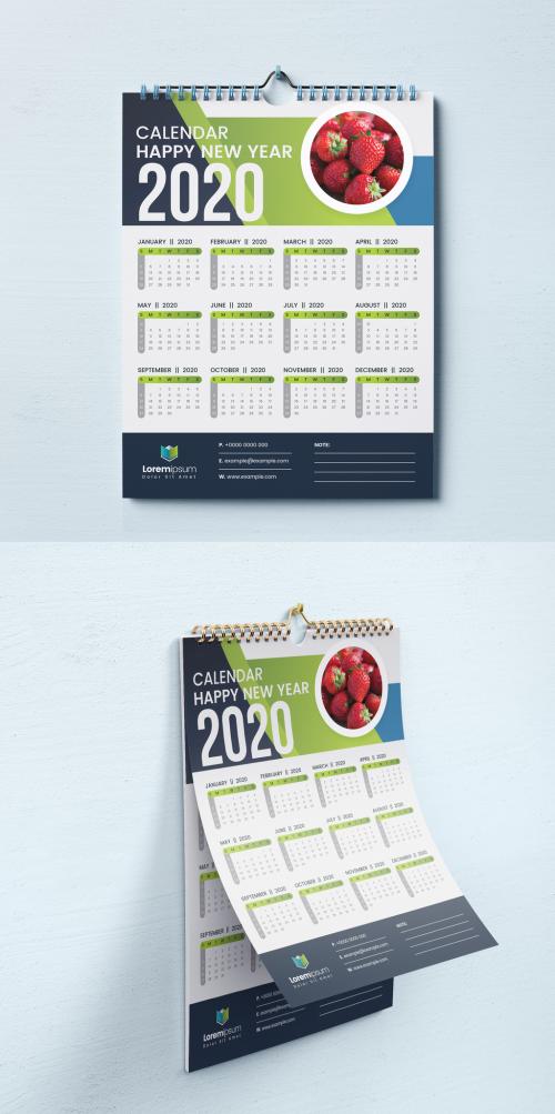 One Page Wall Calendar Layout with Blue and Green Geometric Elements - 300718774