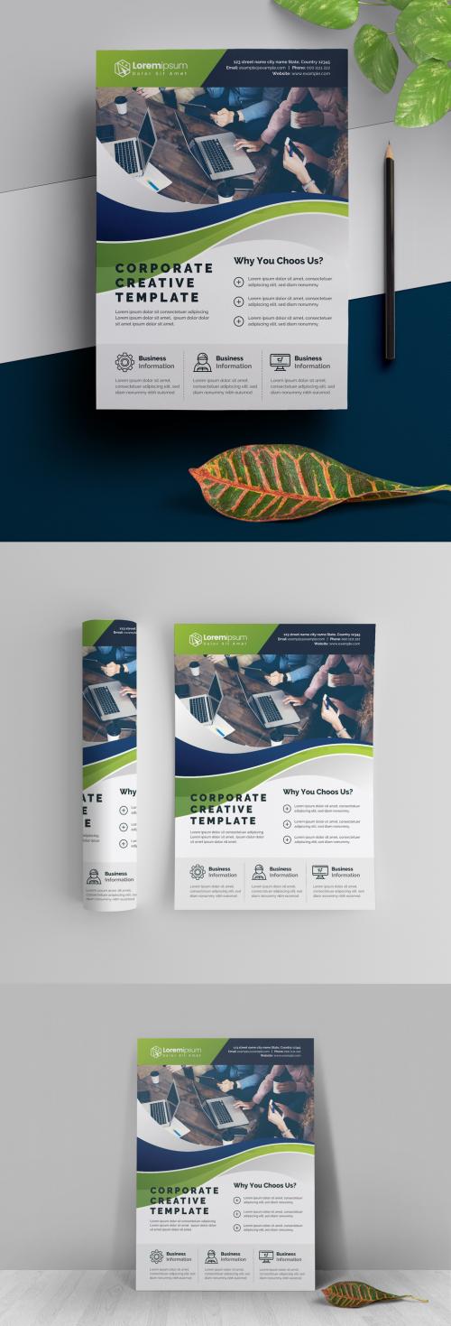 Flyer Layout with Blue and Green Wave Design - 300718935