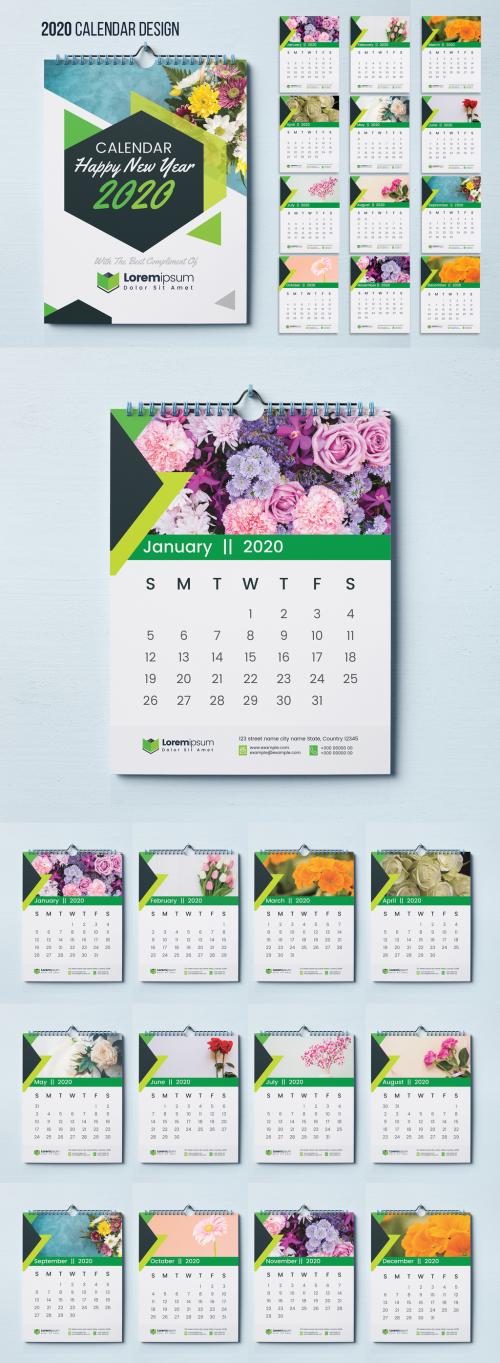 Wall Calendar Layout with Green Geometric Elements - 300719945