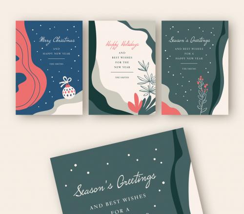Holiday Card Layout Set with Minimalist Illustrations - 300744849
