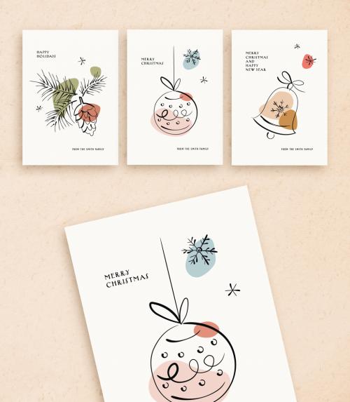 Holiday Card Layout Set with Minimalist Line Art Illustrations - 301427340