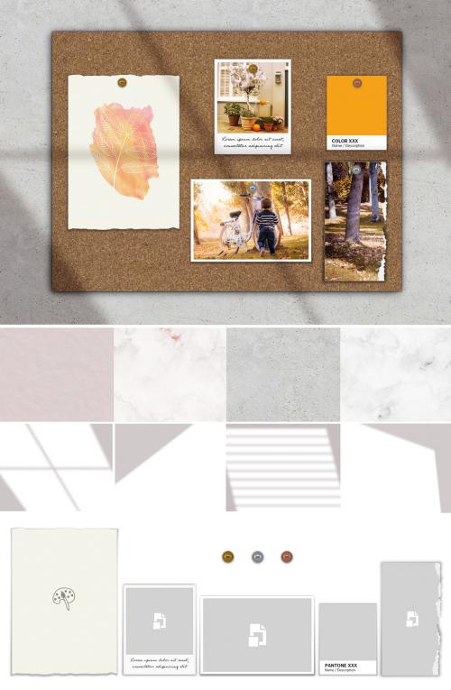 Moodboard Scene Creator Mockup with Papers and Photos on Cork - 302289047
