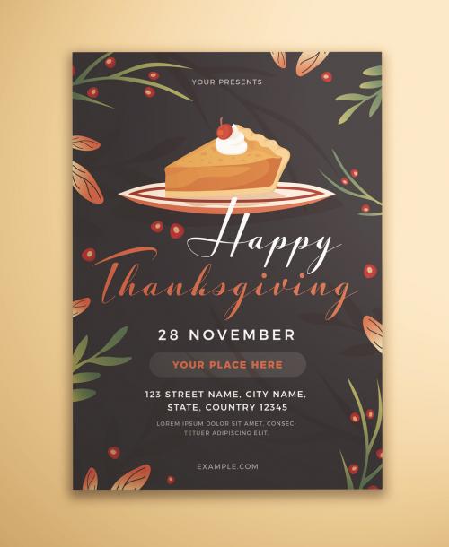 Happy Thanksgiving Flyer Layout with Cake and Leaves - 302955539