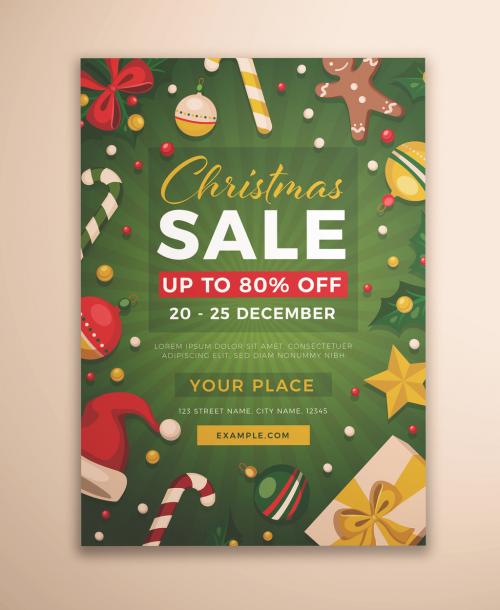 Christmas Sale Flyer Layout with Illustrative Ornaments - 302955722