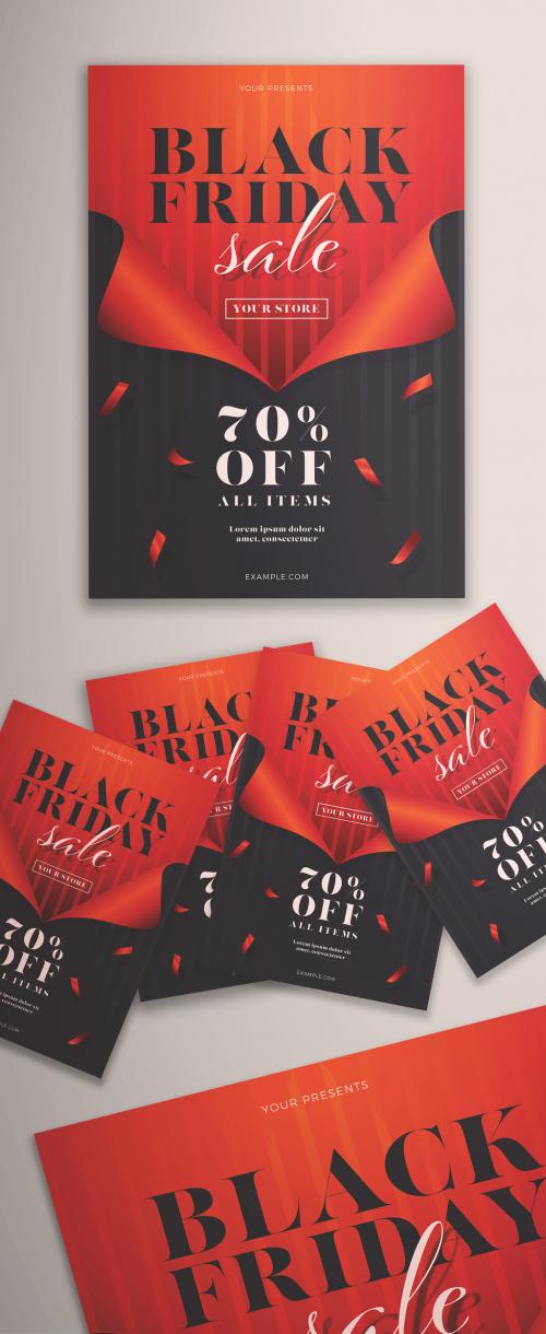 Black Friday Sale Flyer Layout with Red Ribbon Elements - 302955838