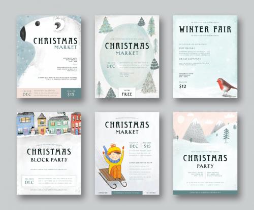 Christmas Event Poster Layouts with Watorcolor Illustrations - 303609930