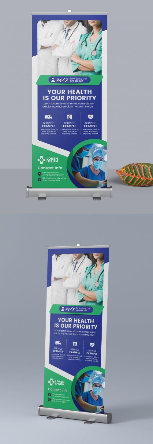 Medical Roll Up Banner Layout with Green and Blue Accents - 303626349