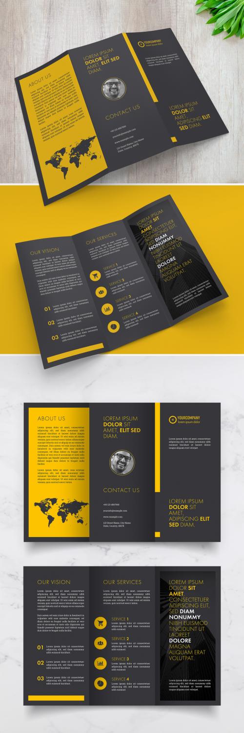 Black Trifold Brochure Layout with Yellow Accents - 303658547