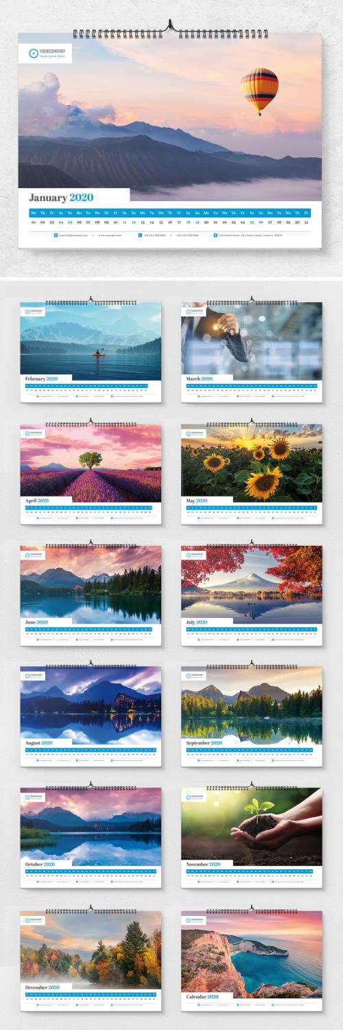 Landscape Calendar Layout with Blue and Red Accents - 303669066