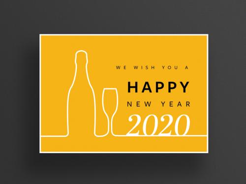 New Year Card Layout with White Wine Bottle and Glass - 303879821