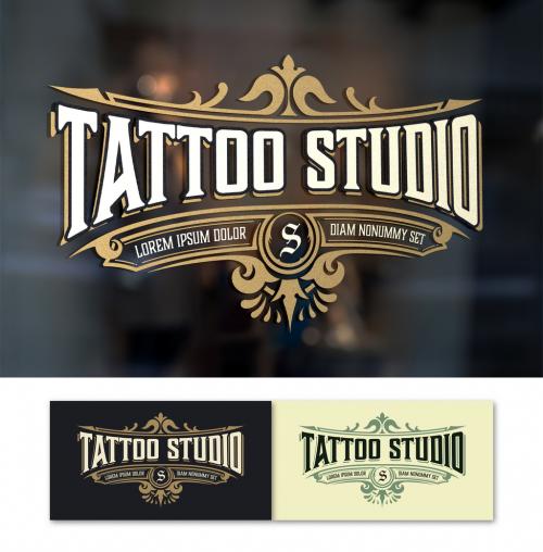 Vintage Tattoo Logo with Gold Elements - 303894880