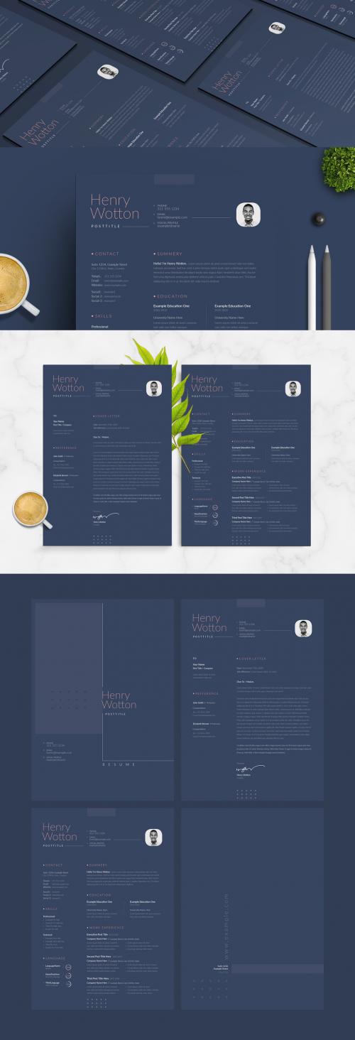 Dark Blue Resume and Cover Letter Layout Set - 304791959