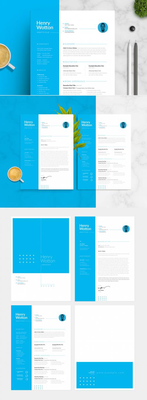 Resume and Cover Letter Layout Set with Blue Sidebar Element - 304791987