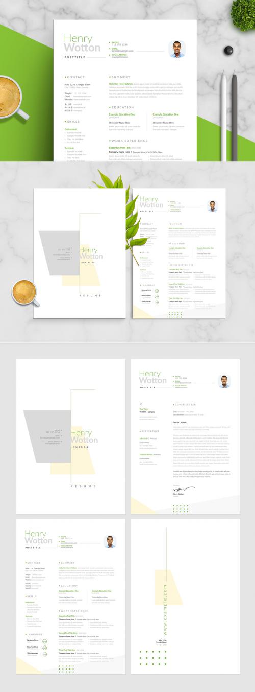 Resume and Cover Letter Layout Set with Green and Yellow Accents - 304792046