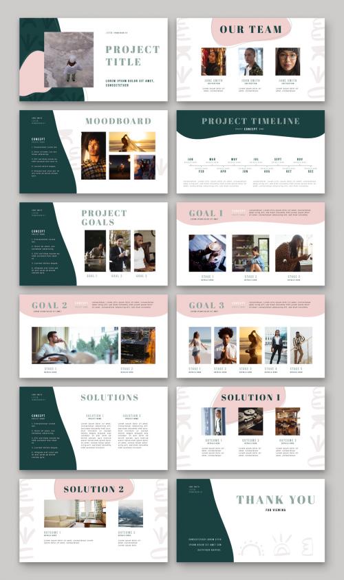 Pitch Deck Layout with Pink and Green Abstract Elements - 304805305