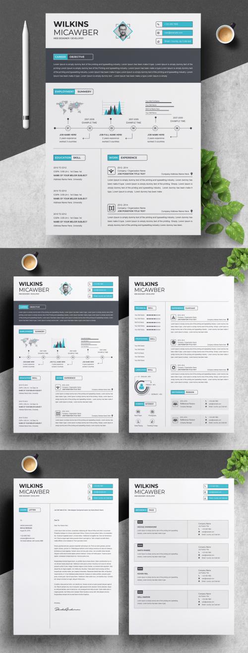 Resume Layout with Dark Header and Blue Infographic Elements - 305518690