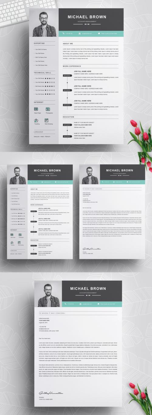 Resume Layout with Dark Header and Blue Accents - 305518855