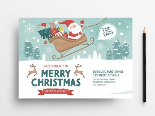 Holiday Event Flyer Layout with Santa Scene Illustrations - 305809244