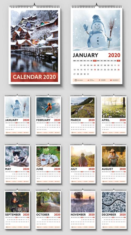 2020 Wall Calendar Layout with Red Accents - 307432823